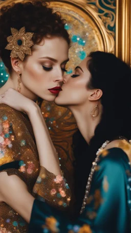 Masterpiece, fine art, award winning, "like Gustav Klimt : the Kiss in a chair" 2 w, RAW photo, eye candy in the style of (petra collins::Robin Eley:1.5), (Suhaila Ben Lachhab::Heidi Moussa:1.5) in breathtaking cinematic shot (full body shot, from below angle) that emphasizes the stunning cheek bones, texturized black hair,(big detailed eyes:1.5) (cottagecore aesthetic:5) with extreme sensuality, Irresistible with (porcelain skin:4.8), sitting on an old chair, retro vintage style