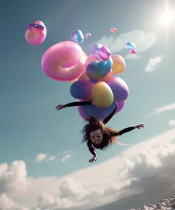 Ultra realistic speed clouds sky scene, wide angle view, sweet women falling down, inflatable color clothing, free jumping flying, many trinkets, hair monster, many jelly beans, balls, color smoke, smile, happy, circus style, extreme, wind, clouds sea, 20,000 feet altitude, stratosphere, soft color, highly detailed, unreal engine 5, ray tracing, RTX, lumen lighting, ultra detail, volumetric lighting, 3d, finely drawn, high definition, high resolution.