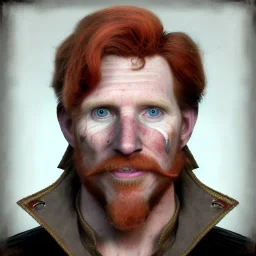 Portrait of Courtney Gains as a ruggedly handsome but joyful roguish pirate, charismatic, attractive male, masculine, perfect, precisely detailed, lightly freckled face, meticulously detailed multi-hued ginger carrot cherry fire red hair; Malachai of the corn; fantasy, intricate, elegant, highly detailed, digital painting, artstation, concept art, matte, sharp focus, illustration, art by artgerm and greg rutkowski and alphonse mucha