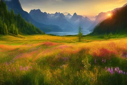 beautiful nature, mountains, fjord, flower meadow, forest, sunset, detail, realism