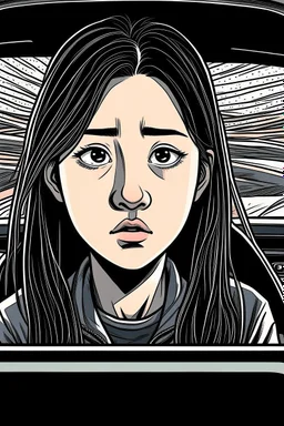A Chinese person, girl, 18 years old, delicate features, pretty, serious expression, ((((( sitting in a car )))), background car, front view, close focus, horror scene, eerie, dim, 8K, graphic novel sketch, graphic novel style, 2D effect, flat colors, gloomy drawing style