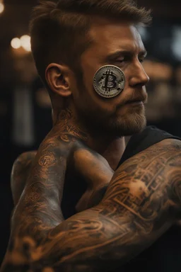 close view of a man's arm that has just been tattood by a branding iron, the branding tool just lifted up from the skin and the tattoo is hot and still smoking from the heat, the tattoo is a Bitcoin symbol. Hyper realistic, 8k, realistic