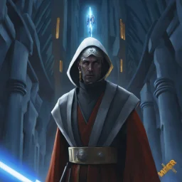 star wars bald male corellian jedi pilot wearing black and gunmetal grey old republic armored robes with gold trim, alone, battle-ready Jedi Master defending a ruined ancient city surrounded by golden light, centered head and shoulders portrait, hyperdetailed, dynamic lighting, hyperdetailed background, 8k resolution, volumetric lighting, light skin, fully symmetric details