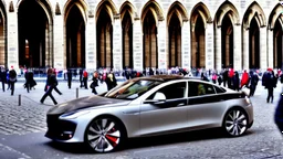 A Tesla's 'Model S Plaid' is racing at top speed, by the Notre-Dame Cathedral, in Paris. CINEMATIC. WIDE ANGLE LENS. PHOTO REAL.