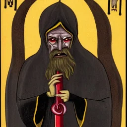 Vampire with yellow eyes with fleshy tentacle beard grey skin and vampire fangs and vampire bat nose as a Russian Orthodox