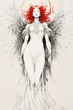 style of Yoshitaka Amano ~a fierce angel, standing with all her might wings outstretched staring deep into your soul, her ornate robe reminiscent of the stars in the night fiery sky. surrealist. Shades of luminous white and red piercing shadow, reminiscent of Beuys and Qian Xuan.