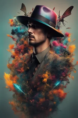 Dynamic ink art by alberto seveso of a full male body shot,hat, handsome, wide shot, cyberpunk guns and knives, neon, vines, flying insect, front view, dripping colorful paint, tribalism, gothic, shamanism, cosmic fractals, dystopian, dendritic, artstation: award-winning: professional portrait: atmospheric: commanding: fantastical: clarity: 64k: ultra quality: striking: brilliance: stunning colors: amazing depth, cute colorful lighting (high definition)++, photography, cinematic, detailed charac