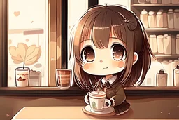 contented cute chibi girl in coffee shop