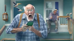 confused older man using cellphone on his porch chasing off the ducks