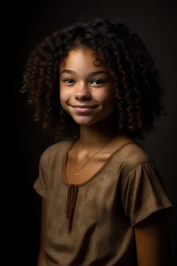 full body portrait of a 14 year old girl named Runa Rivers, main character of a youth novel, tall for her age - ca. 1,75m, looking older than she is, full lips, side cut, dark brown curly short hair, smiling, black skin looking caucasian, freckles; one of her h