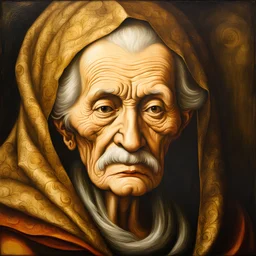 a Dutch Renaissance era oil painting of a wizened and aged sorceress , highly detailed facial features, in the style of Pieter Brueghel the Elder and Hieronymus Bosch, aged canvas, craquelure finish, archaic masterpiece, 4k