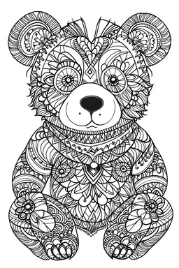 Outline art for coloring page, BOHEMIAN HAPPY TEDDY BEAR, coloring page, white background, Sketch style, only use outline, clean line art, white background, no shadows, no shading, no color, clear