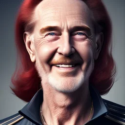 beautiful smooth realistic, male, long red hair, full body, 79 y/o, run on dark cosmos background, extremely sharp detail, finely tuned detail, ultra high definition, 8k, unreal engine 5, ultra sharp focus, smile teeth, happy