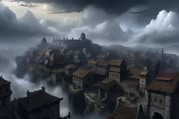 A dark, disrepaired medieval city in the clouds