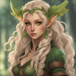 wood elf girl with big curly blonde hair and green eyes. large elf ears.