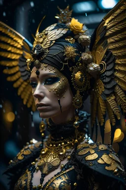 Creae a hyerraql woman solarpunk portrait with vantablack eleents decadent angelic wings metallic filigree and orchid black headdress bokeh rainy citiscape solarpunk background organic bio spinal ribbed ivory carvwd fae make up cracled gold and antique white intricate details of mesmerizing masteerpiecw imax quaity