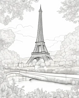 a coloring page, depicting the Eiffel tower in France, with beautiful scenery, full page, black and white, line art, outline, highly defined, coloring book style