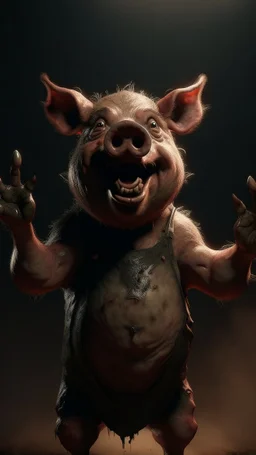 Crafting a terrifying 8K depiction of an old evil pig rising hand up ,His presence exudes an unsettling aura of malevolence, instilling fear in all who behold him.