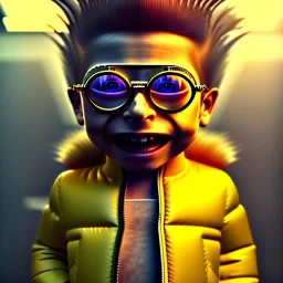 Bart Simpson toddler, steampunk headphone, sunglass, gangsta neckless, full body, yellow puffer jacket, tokio background, dramatic lighting, hyper realistic, unreal engine 5, 16k