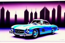 a true-to-life 1956 mercedes benz 300 sl roadster, centered, intricate, extreme detailed, photorealism, center view, city background, pivot on mercedes, pen and color marker painting by cheryl kelley