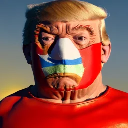 Realistic image of Donald trump wrestler, Mexican wrestling style, Mexican wrestling mask for eyes, red and blue breeches, glow us flag dress, suspenders, retro style, 80s, vibrant color, highly detailed, sky background, concept art, unreal engine 5, god rays, ray tracing, RTX, lumen lighting, ultra detail, volumetric lighting, 3d, finely drawn, high definition, high resolution.