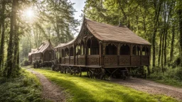 group of Large Gothic Two-story, wooden gipsy caravan on a pathway in a woodland clearing