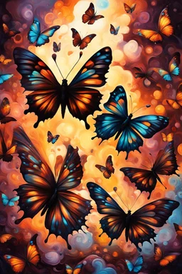 vibrant psychedelic oil painting image, airbrush, 64k, cartoon art image of background BROWN and BLACK BUTTERFLIES , futurism style