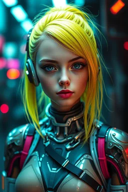 a pretty cyberpunk girl, cyborg, bright hair, young, futuristic, dystopia