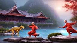 shaolin master vs yoga dino, water, temple background, mist