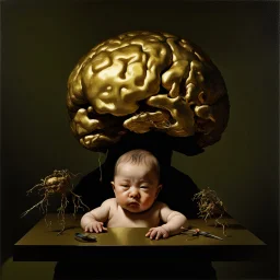 a huge golden brain supported by very small beautiful Asian female human bodies, complex surgical instruments mix a newborn boy between light and shadow, surrealism, symbolism, minimalism, sculpture by Adrian Ghenie, Lucian Freud, Rene Magritte, Salvador Dali