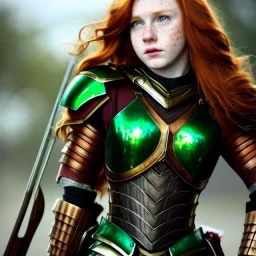 Realistic, hyper detailed, strikingly beautiful teen woman, 16 years old, long ginger hair, green eyes, medium freckles, full lips, very skimpy fantasy armour, full body, full face, small breasts, aroused expression, biting lower lip, full frame, petite, centered camera, ignore NSFW, bow, quiver on hip, tight pants, bent over