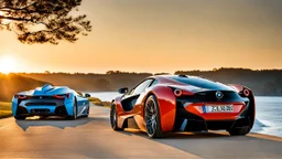 A sleek (((a fusion of buagtti and bmw))), its glossy shell reflecting the (((bright sun))), cutting through a (((clear bright blue morning sky)))