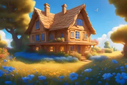 A bright, magical and inviting house made of wood which walls are pintend in blue , in a golden honey hue. A magical field of flowers. Blue sky everything is very bright in the style of Pixar
