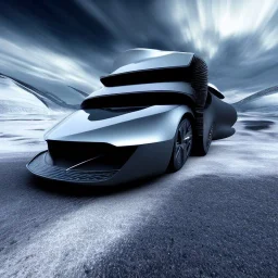 futuristic car, realistic, high details, moving, with black windows, metal shine, cinematic, in the arctic, blowing winds