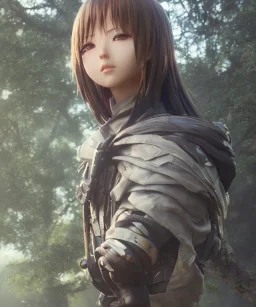 Anime girl cute neck head portrait, warrior costume, village, meditation, woods, cyberpunk, 8k quality