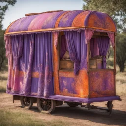 Old fashioned purple, orange and pink gypsy wagon decorated, curtains fluttering in the wind