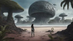 detailed matte painting of a wide-angle shot of a woman standing on the right-hand side of an alien beach, with dark hair in a silver robotic catsuit, many floating mushroom with jellyfish tentacles, alien jungle trees in the distance, deep colour