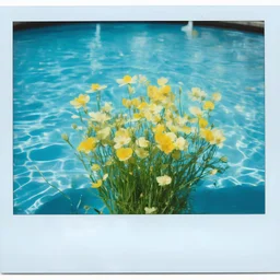 Buttercups in a swimming pool, old damaged white framed polaroid, bokeh effect