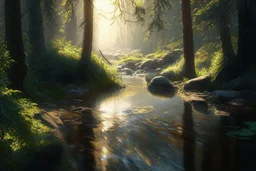 Create a hyper-realistic oil painting of a forest river scene with sunlight streaming through the trees