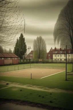 Basketball field in small danish town near viking structure in ps2 resolution