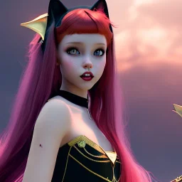 Gorgeous teenage girl with red hair with black highlights, who is dressed like a witch casting a spell, green eyes, and cat ears, background is realistic space, goth girl dress, full body portrait, arm colors gradient effect into stars, rendered, unity 3d, unreal engine, dslr, hdr, 4k, edited, photorealistic, normal number of appendages, freckles, artists rendering