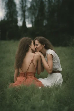 Photo of two young women who love each other. Polish and Egyptian. Photo taken by a Mamiya M645 camera with a portrait lens on classic medium-format film.