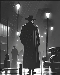 A dramatic, film noir-inspired illustration of a shadowy, rain-soaked city street at night, with a mysterious figure in a trench coat and fedora standing under a streetlight, evoking a sense of tension and suspense reminiscent of classic crime dramas.