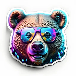 sticker on white background, 3d Head of a Bear with glasses, psychedelic, octane render, unreal engine 5, DMT art, funny, smiling