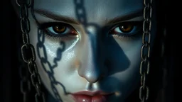 close up pale blue-white face with black-dark gold eyes with black shadow cold void gaze, detail face, floats in deep darkness, deep blue abyss, vertical shadows of five chains projected on her face, crepy stunning, surreal vibe with meticulous textures, dark shadows