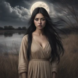 Hyper Realistic Close-up-view of Young-Sad-Pashto Woman with beautiful-black-eyes & long-black-hair wearing beige-dress on riverside & long-grass at full-moon-dark-windy-night-&-Clouds with dry-trees-around & dramatic ambiance