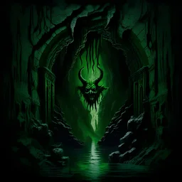 the chasm of the underworld in the gothic style in dark green with a demon lurking