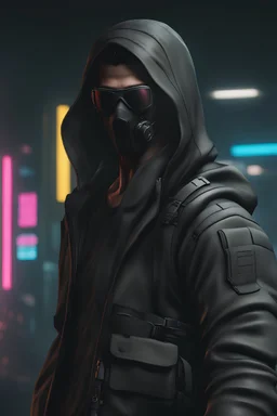 cyberpunk 2077 male stealthy sniper that wears all black. Wears tactical clothing and has a mask that covers his face.
