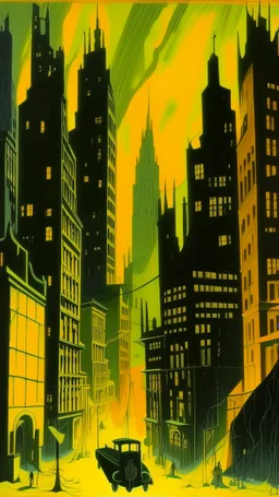 A yellow spooky haunted glowing electrical city painted by Lyonel Charles Feininger