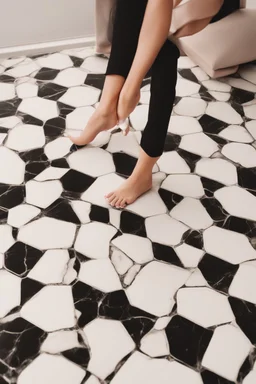 generate a picture of a woman's feet with marble floor as background and white nail polish